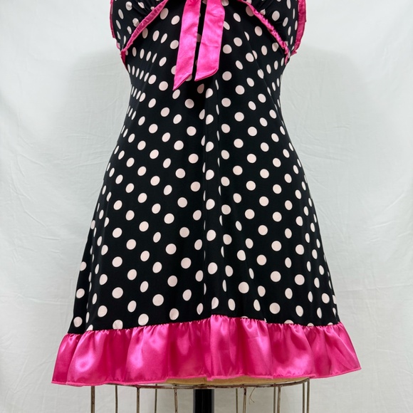 jenni by Jennifer Moore Black Nighty Polka Dots Pink Satin Trim Size Small - Picture 5 of 12